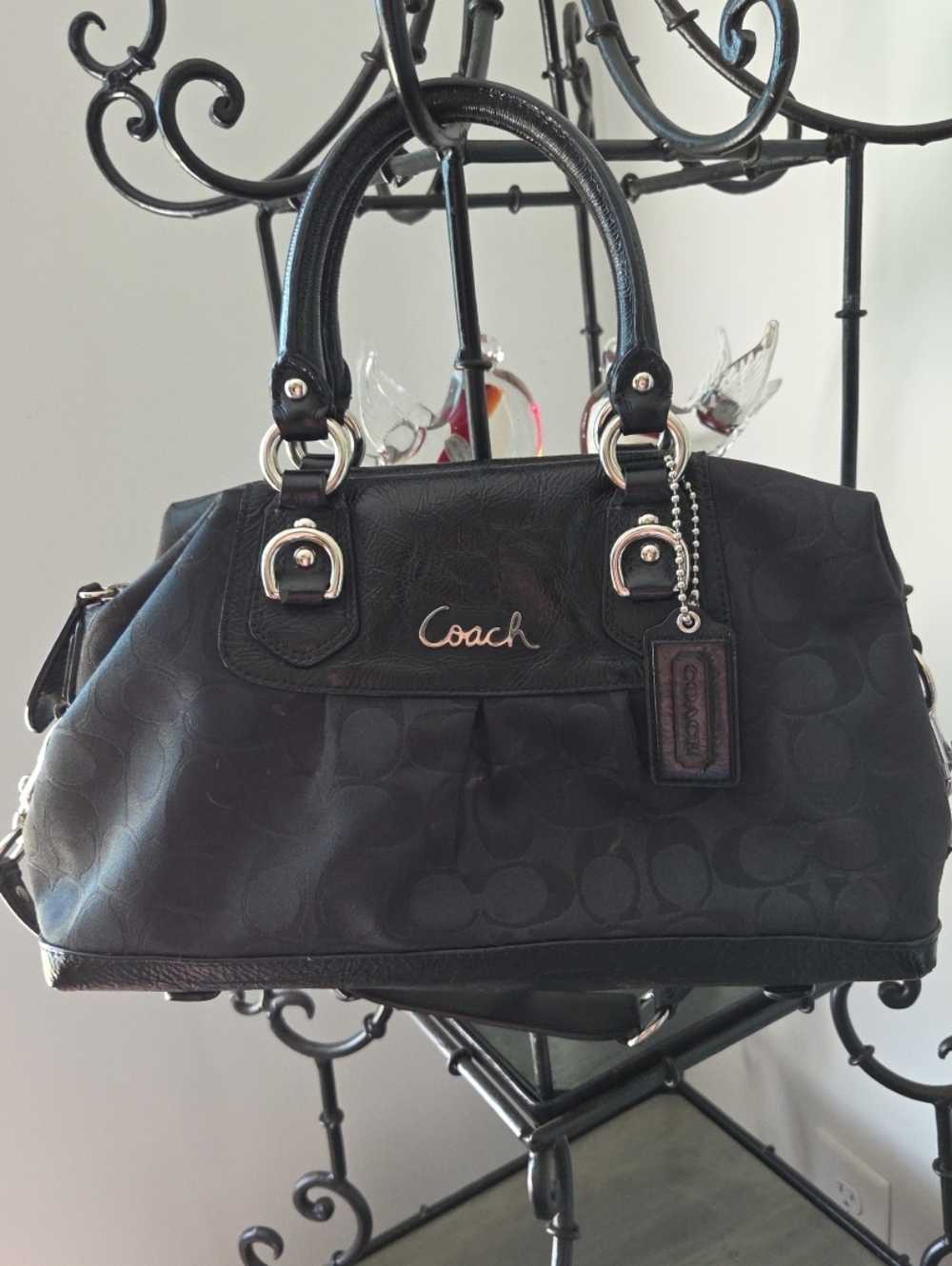 Coach Ashley Signature Black Sateen and Leather Satchel